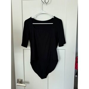 Black Square Neck Bodysuit Elbow Sleeve Viscose Stretch XL Slim Fit Minimalist